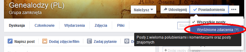 wyróżnione zdarzenia na grupie