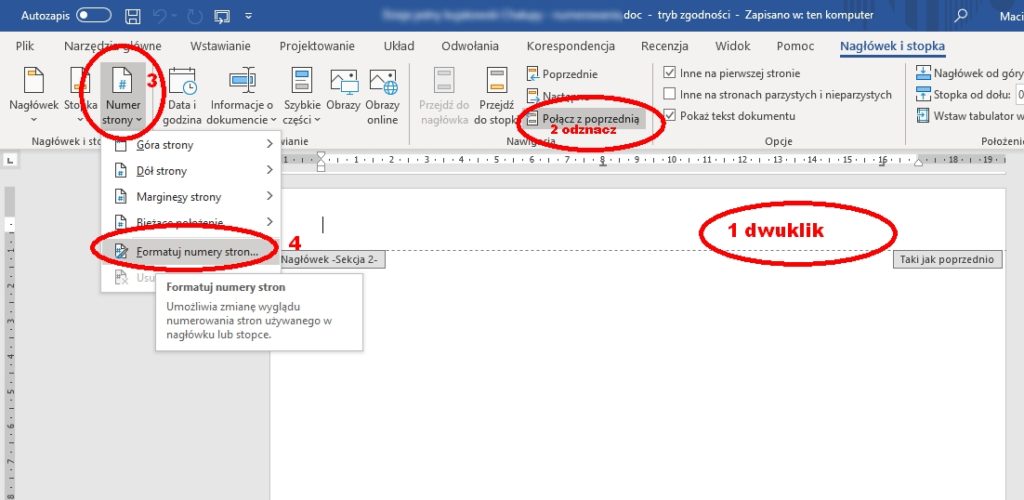 W Microsoft Office Word na wyodrębnionej stronie trzeba dwuklikiem zaznaczyć nagłówek i stopkę, by odznaczyć połączenie z poprzednią stroną (jeśli pole to pozostaje zaznaczone, jak na obrazku, wówczas edytujemy stopkę/główkę/stronę wszystkich stron tak połączonych), przejść do przycisku Numer strony i tam wybrać jego Formatowanie. W Microsoft Office Word na wyodrębnionej stronie trzeba dwuklikiem zaznaczyć nagłówek i stopkę, by odznaczyć połączenie z poprzednią stroną (jeśli pole to pozostaje zaznaczone, jak na obrazku, wówczas edytujemy stopkę/główkę/stronę wszystkich stron tak połączonych), przejść do przycisku Numer strony i tam wybrać jego Formatowanie.