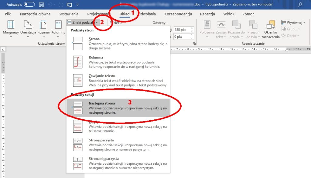 W Microsoft Office Word aby strona zawierała inny numer (lub go ukrywała), trzeba ją wpierw podzielić przez wstęgę Układ → Znaki podziału → Następna strona W Microsoft Office Word aby strona zawierała inny numer (lub go ukrywała), trzeba ją wpierw podzielić przez wstęgę Układ → Znaki podziału → Następna strona