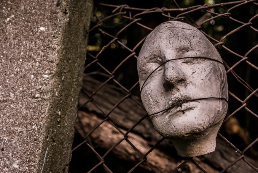 twarz zakneblowana drutem z płotu, fot. Pixabay 4877524 hunt-er