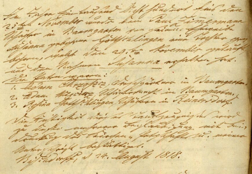 fragment odpisu aktu chrztu Susanny Zimermann (córki Paula i Susanny Gottschlingen)