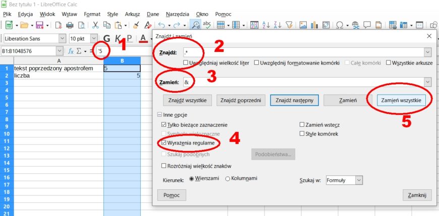 widok arkusza kalkulacyjnego LibreOffice Calc z apostrofem poprzedzającym teksty, które chcemy zamienić na liczby, ryc. własna MR