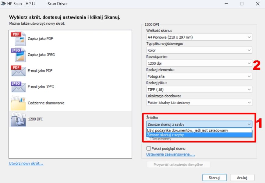 Ustawienia skanowania HP LJ 1200 dpi